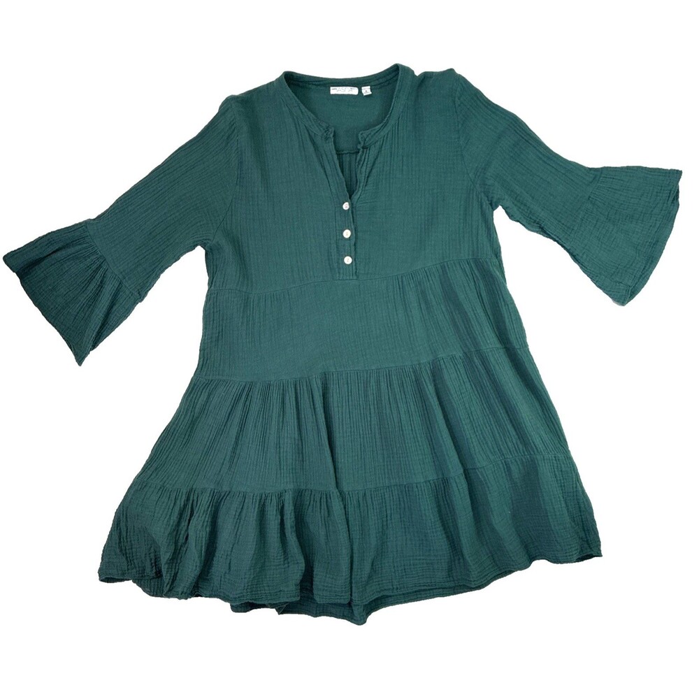 Vasna Green Flutter Sleeve Gauze Cotton Tiered Shift Dress M Cottage Boho Italy